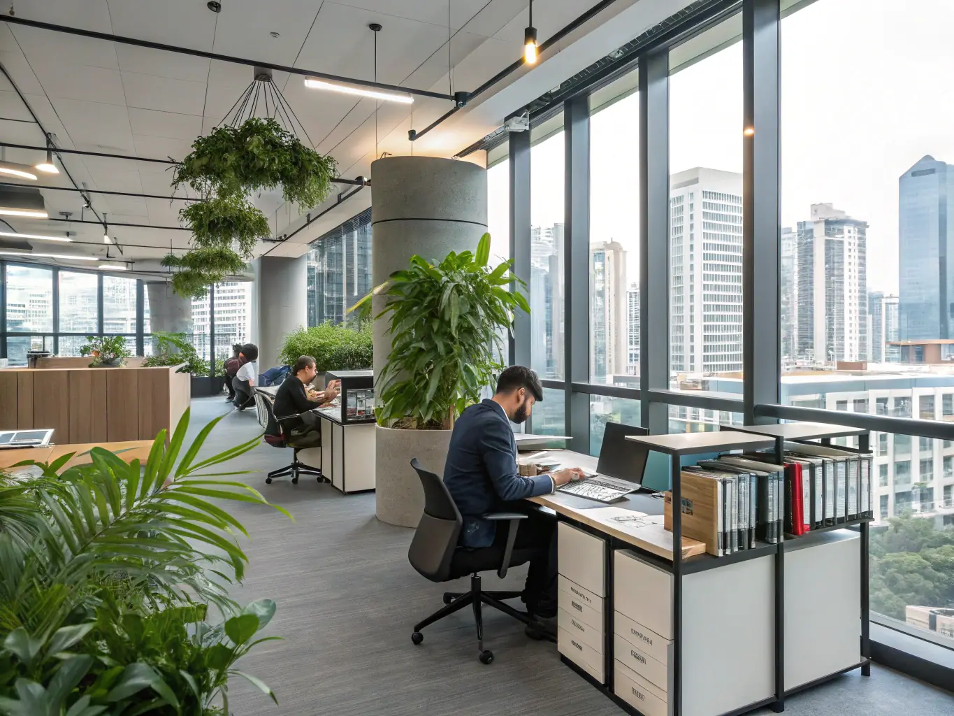 A modern office space with employees working, subtly showcasing the cleanliness maintained by Apriori Services.