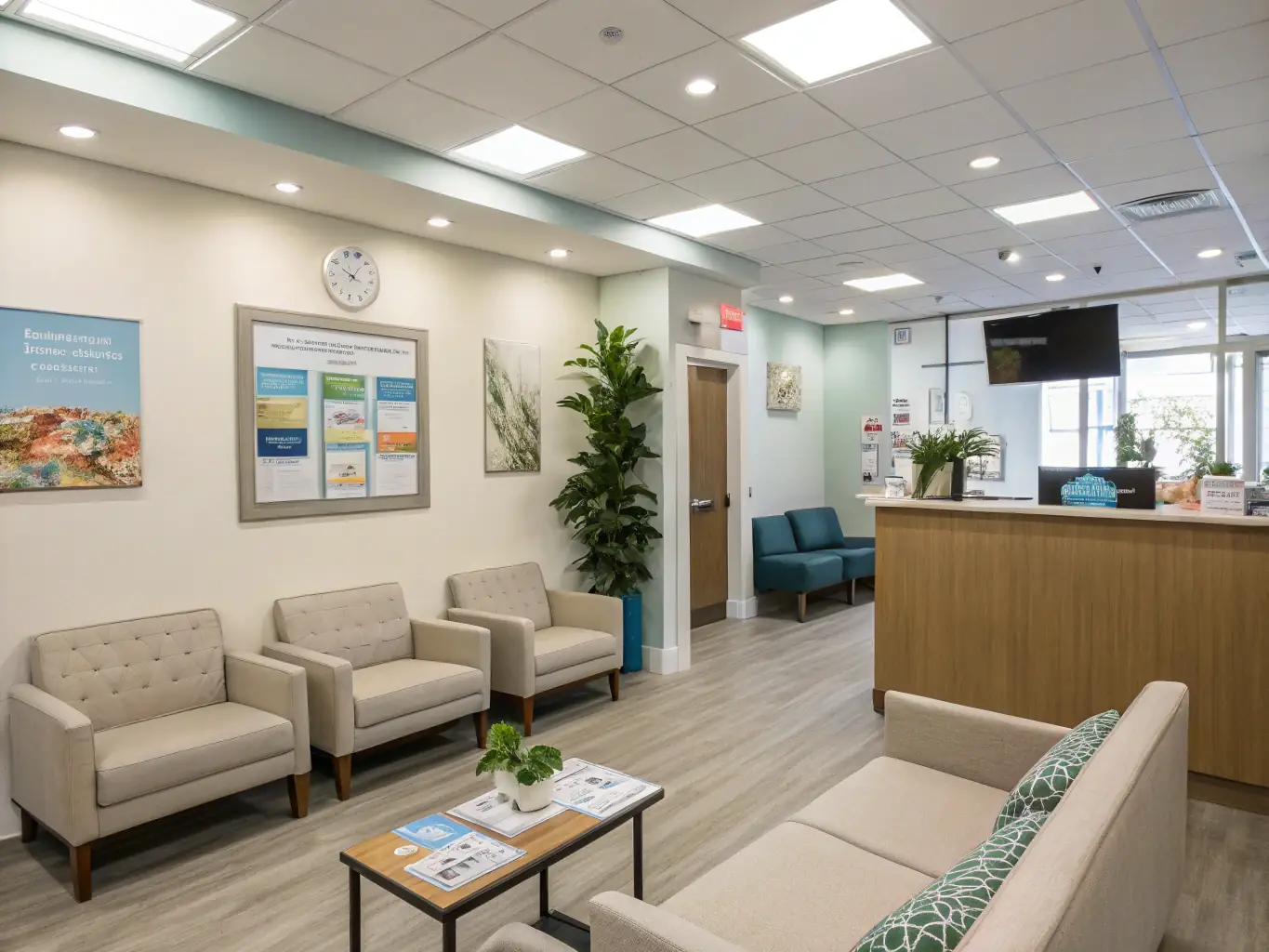 A clean and sterile medical practice waiting room, emphasizing the importance of hygiene in healthcare settings.