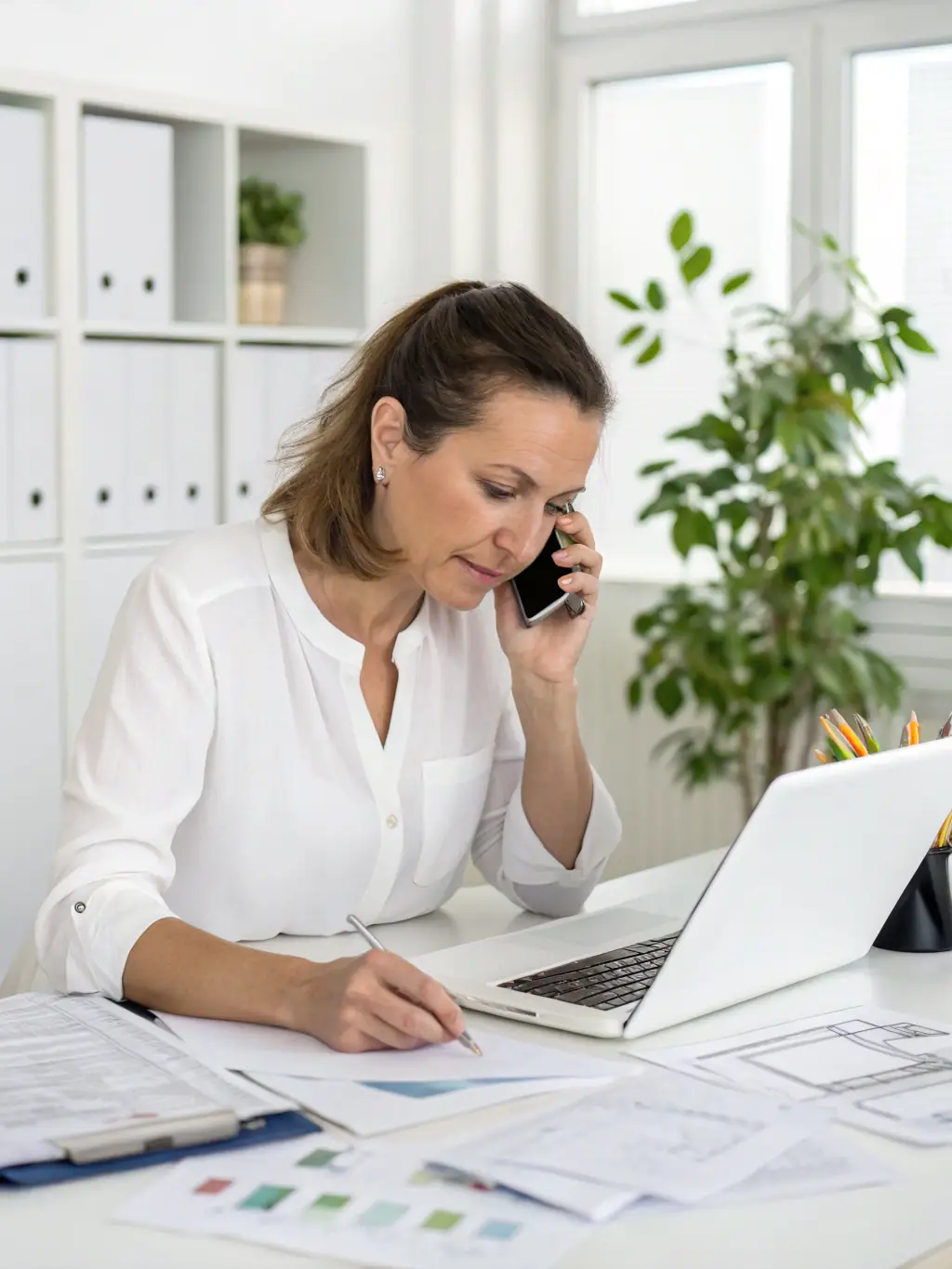A friendly Apriori Services representative making a phone call in a modern office setting, emphasizing personal contact and clear communication.