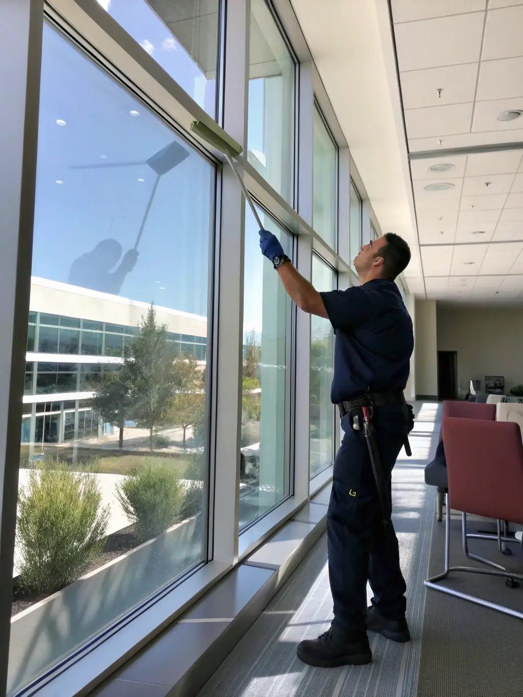 Cleaning staff in professional uniform providing cleaning services in a modern office, highlighting the delivery of high-quality cleaning solutions.