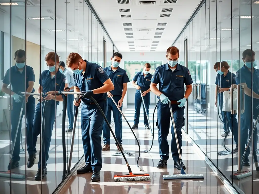 A close-up shot of a team of Apriori Services cleaning professionals working diligently, showcasing their expertise and dedication, representing the 5+ years of experience.