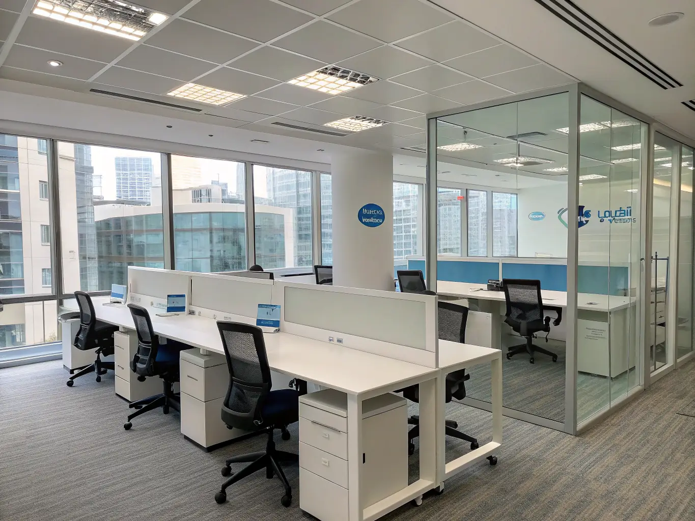 A wide shot of a clean, modern office space, highlighting the vastness of the area, symbolizing the 40, 000+ m² of cleaned space by Apriori Services.