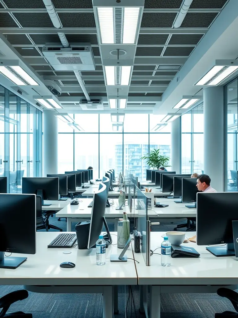 A professional office environment with cleaning staff reviewing a new service request on a tablet, showcasing attention to detail and structured processes.