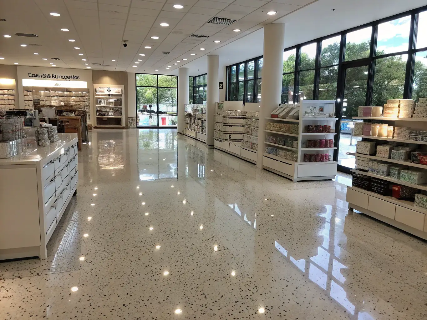 A brightly lit retail space with spotless floors and shelves, highlighting the appeal of a clean shopping environment.