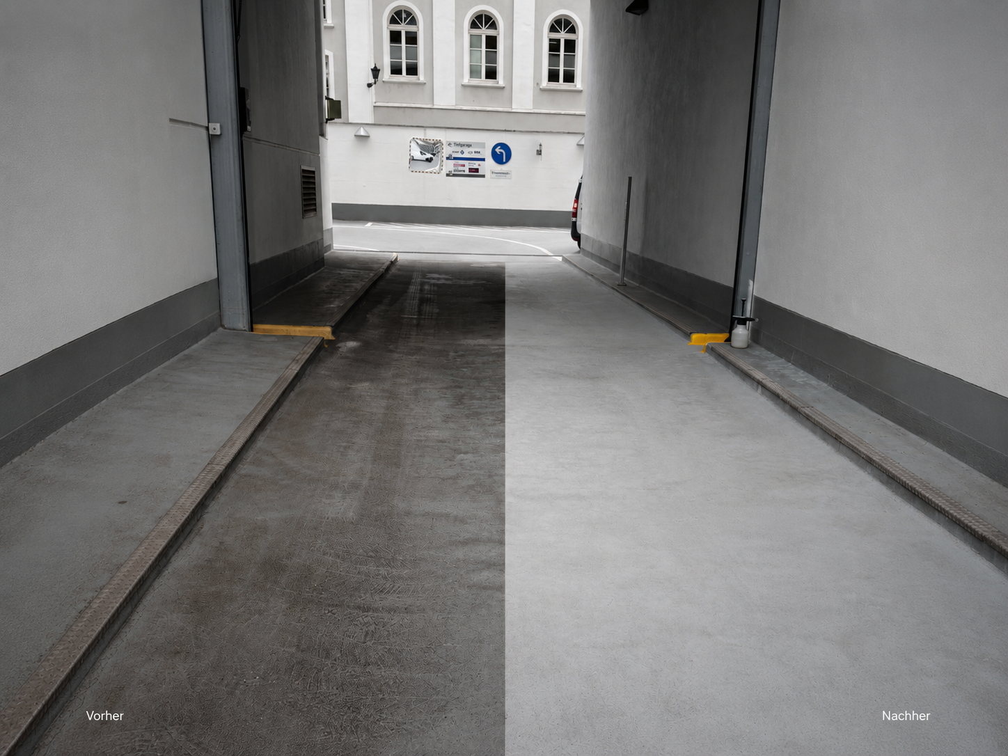 Maschinelle Parkhausreinigung in Wiesbaden — Fahrbahn vorher/nachher